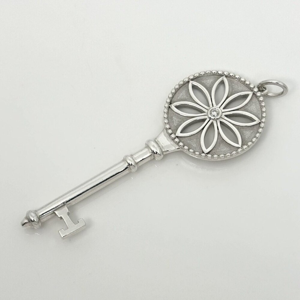 Tiffany T Daisy Flower Diamond Key Pendant in Sterling Silver Size Large 2.4"